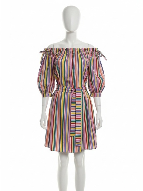Eloquii Dresses & Skirts - Eloquii Striped Off-Shoulder Mini Dress in Pink, Yellow, Blue & Green